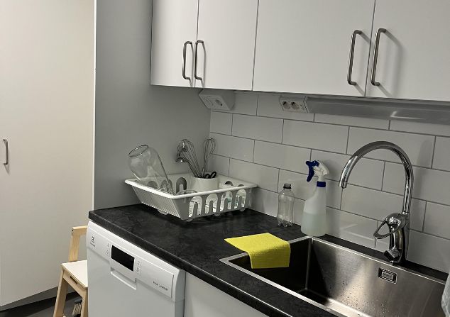 bild på ett kök med en gul disktrasa.